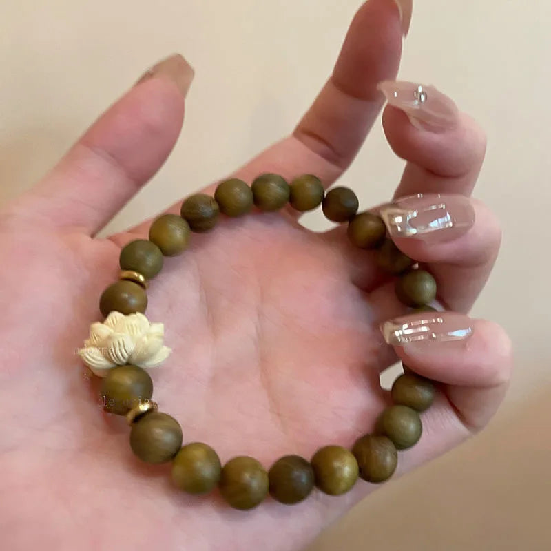 Mode Lotus Sandelholz Armreif Holz Perlen Strang Armbänder Grün Natürliche Sandelholz Armband Elastische Handgewebte Schmuck Geschenke
