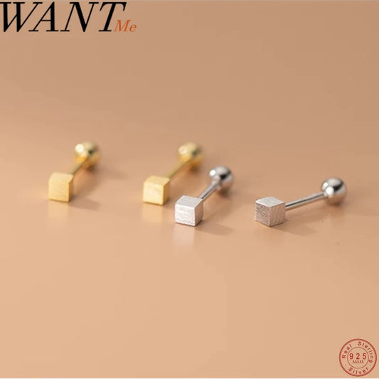 WANTME Ohrstecker aus 925er-Sterlingsilber, schlicht, geometrisch, matt, quadratisch, mit Schraubperlen, für Damen, modisch, Ohrknochen-Piercing-Schmuck