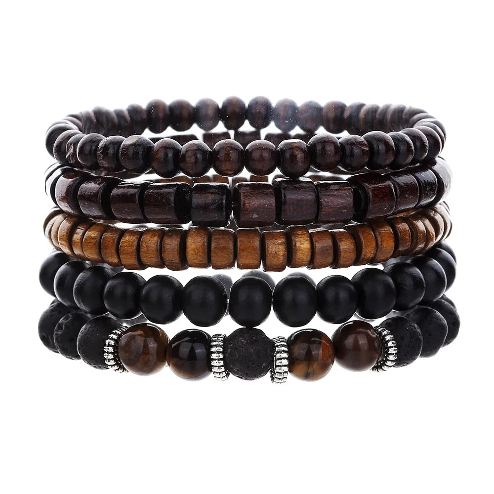 Meistverkaufte mehrschichtige Buddha-Holzperlen-Armbänder-Sets für Herren im Retro-Stil, mehrschichtiges, elastisches Faden, verstellbares Holzarmband