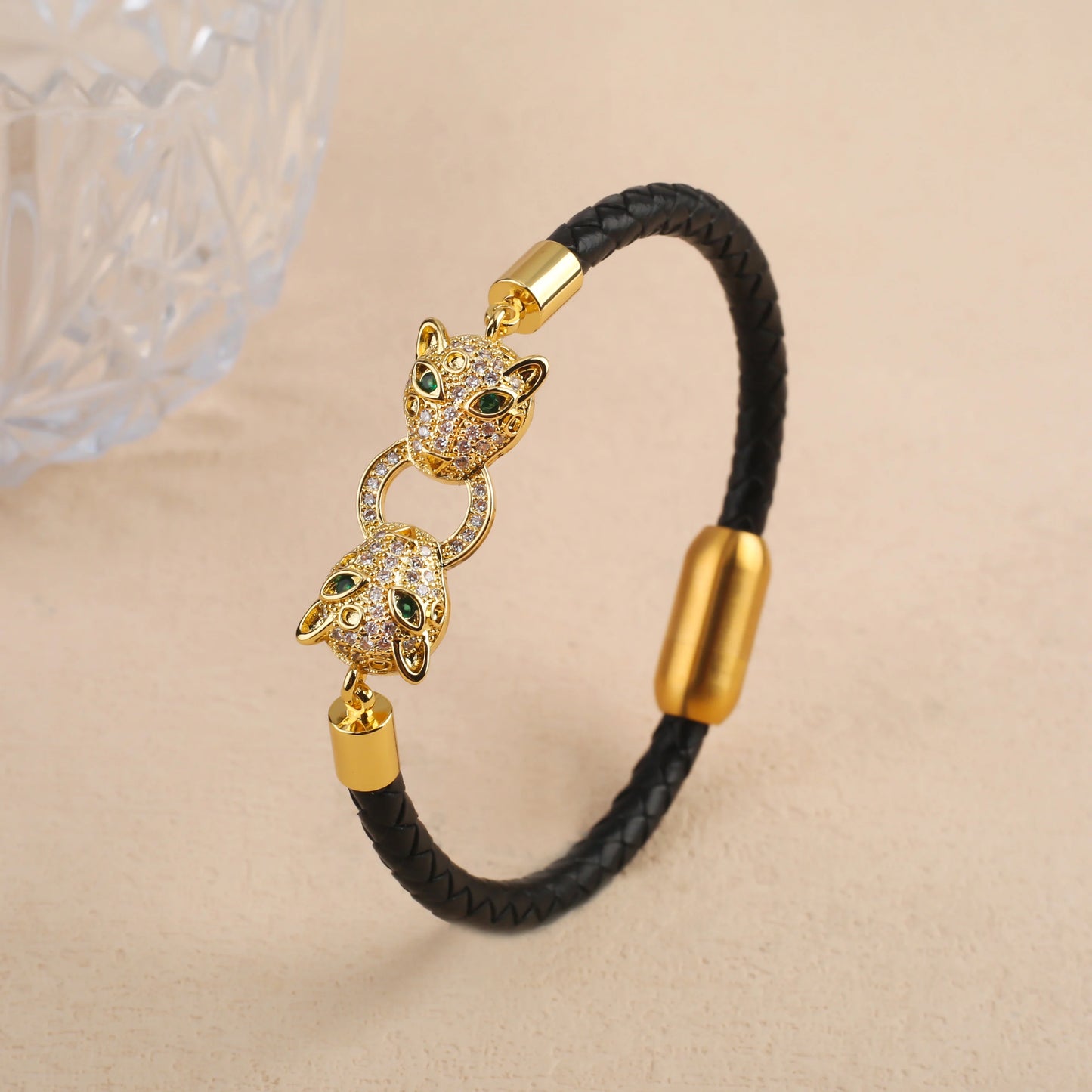 Voller Zirkonia, Leoparden-Tier-Leder, geflochtenes Edelstahl-Armband, klassisch für Mann und Frau, täglicher Party-Schmuck, Geschenk
