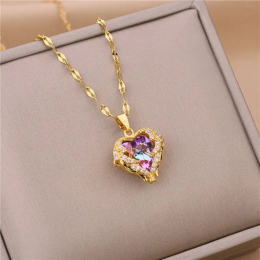 Top Luxus Bunte Kristall Ozean Herz Anhänger Halskette Für Frauen Trendy 316L Edelstahl Schmuck Weibliche Hochzeit Hals Kette