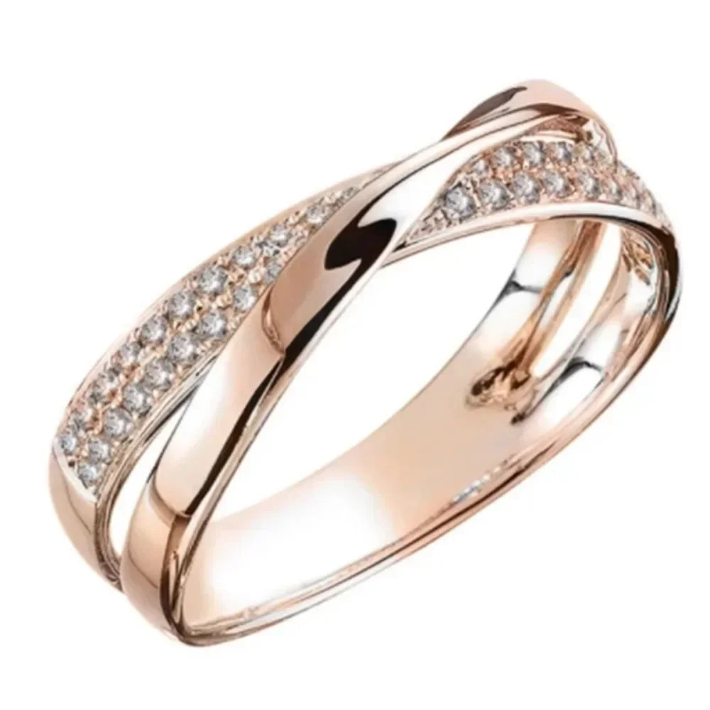 Klassischer zweifarbiger X-förmiger Kreuzring aus Edelstahl für Frauen, Hochzeit, trendiger Schmuck, schillernde Zirkon-Eheringe, moderne Ringe