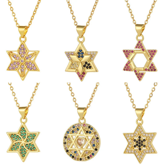 Kubischer Zirkonia-Kristall, jüdischer Davidstern, Anhänger, Kette, Halskette für Damen, vergoldetes Messing, CZ-Steine, Salomosiegel, Schmuck