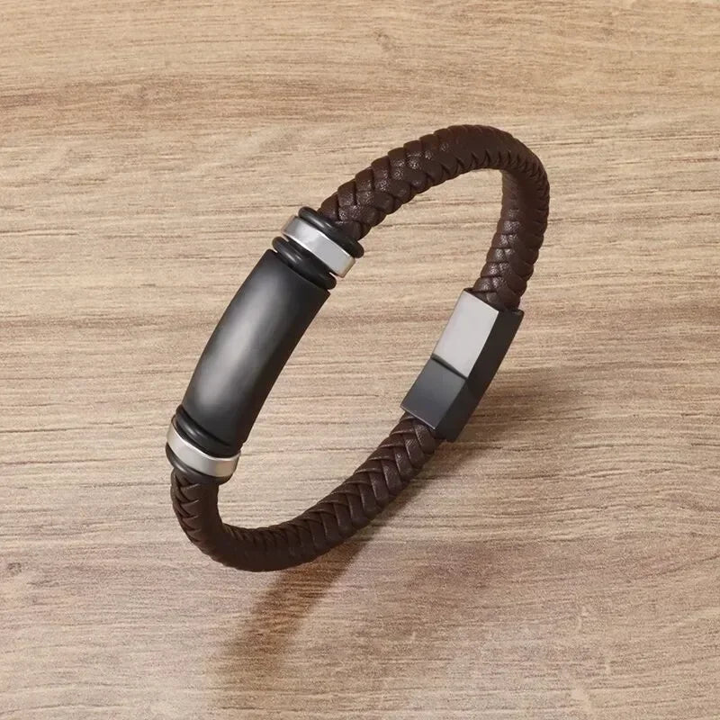 Klassisches einlagiges schwarzes handgewebtes Lederarmband mit Metall-Magnetverschluss, Herrenmode, Business-Schmuck, Geschenk