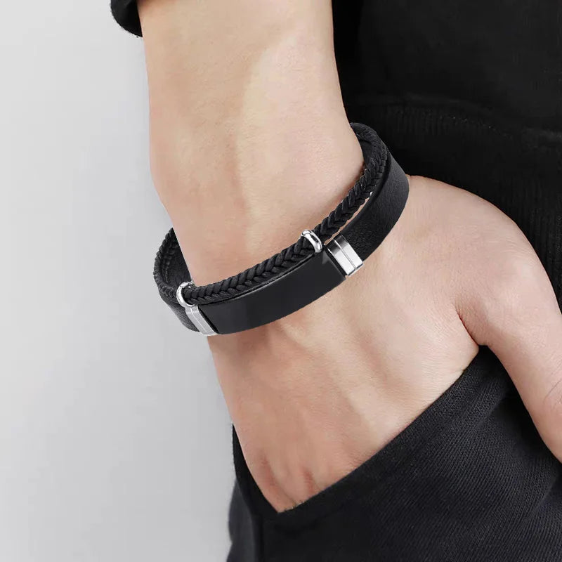 Homme Edelstahl Armband Doppel Schicht Twist Geflecht Leder Seil Armbänder Für Männer Hiphop Rock Mode Schmuck Zubehör