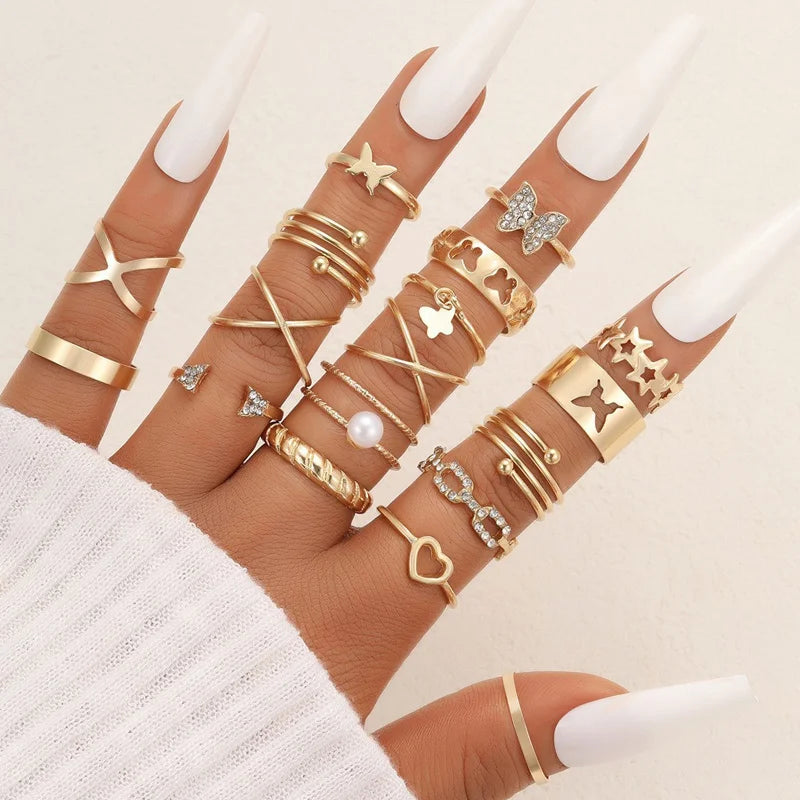 58 Teile/satz Gold Farbe Ringe Set Für Frauen Männer Vintage Hohl Schmetterling Perle Herz Kristall Geometrische Ringe Trendy Finger Schmuck