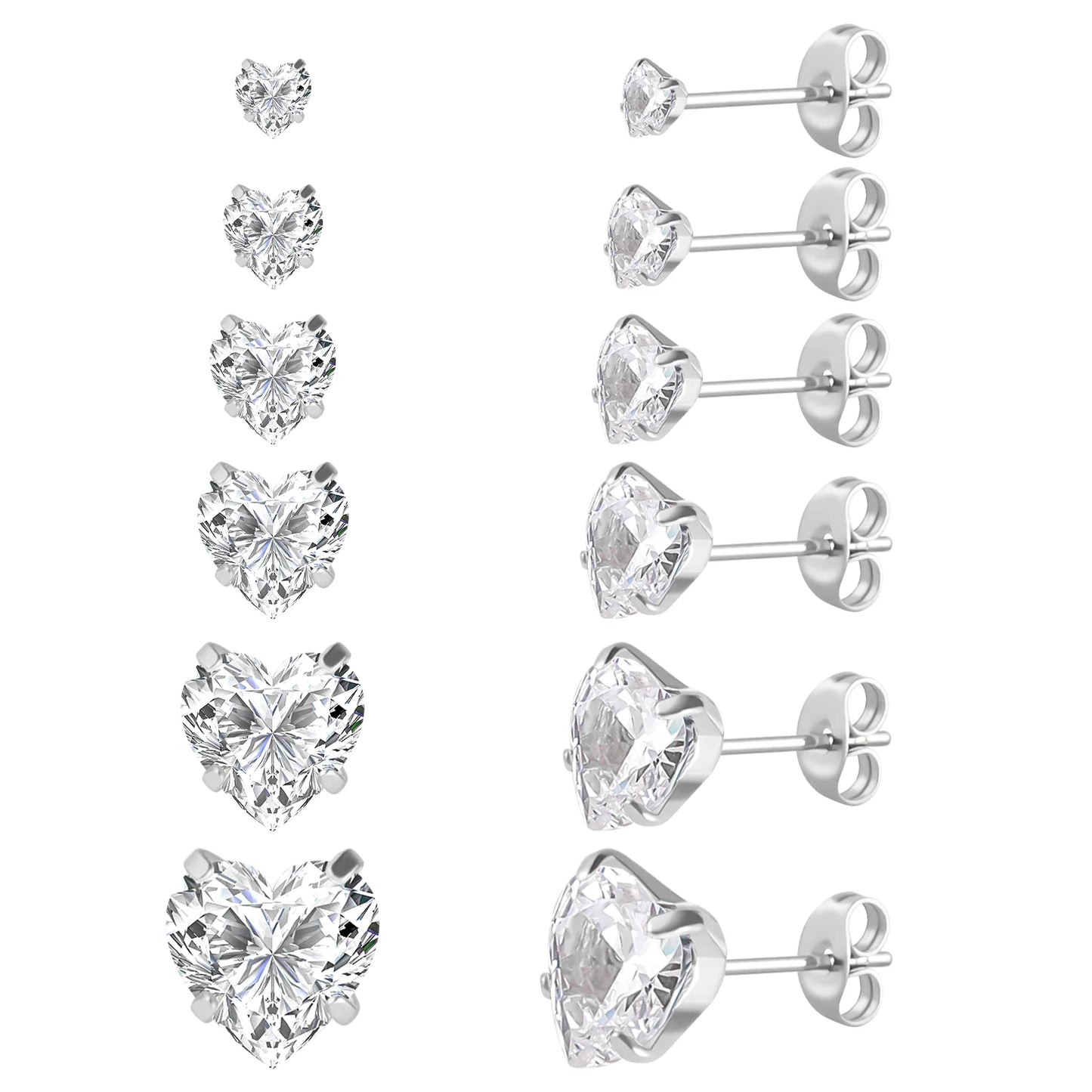 6-teiliges Ohrstecker-Set aus Edelstahl mit Schraubverschluss, vergoldet, Herz, Stern, quadratisch, Prinzessinnenschliff, rund, Zirkonia, CZ