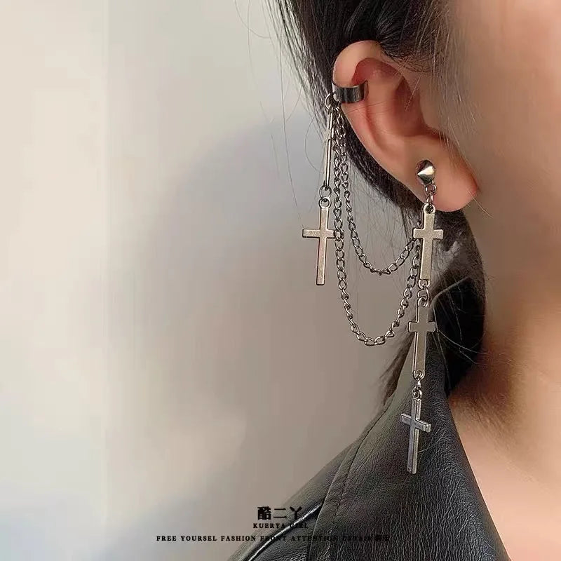 Punk Kreuz Quaste Ohrringe Frauen Integrierte Clip Stud Ohrring Christian Gothic Hip Hop Schmuck Metall Kette Ohr Ring Ohrring Männer