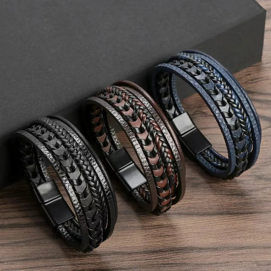 1pc Mode Zubehör MÄNNER Mehrschichtige Vintage Leder Seil Geflochtene Armband Legierung Magnetische Schnalle Armband