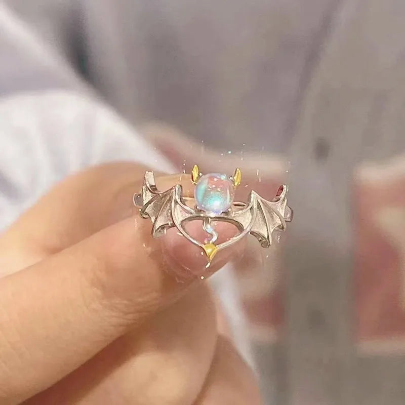 Herz Offene Ringe für Frauen Korea Geometrische Kristall Mondstein Gothic Finger Ring Y2K Zubehör Trendy Ästhetischen Schmuck Geschenk