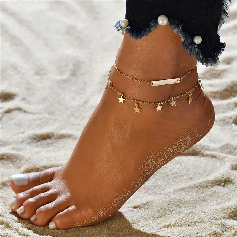 Modyle 2024 Neue Böhmen Handschellen Fußkettchen Multilayer Silber Farbe Fuß Kette Fashion Ankle Armband Für Frauen Strand Schmuck
