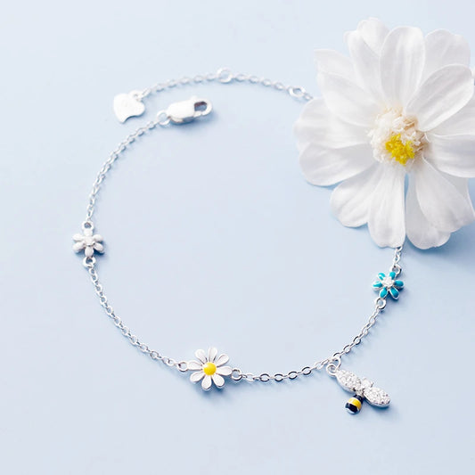 Sole Memory Niedliche Mini-Bienenblumen aus 925er-Sterlingsilber für Damen, größenverstellbare Armbänder BR320