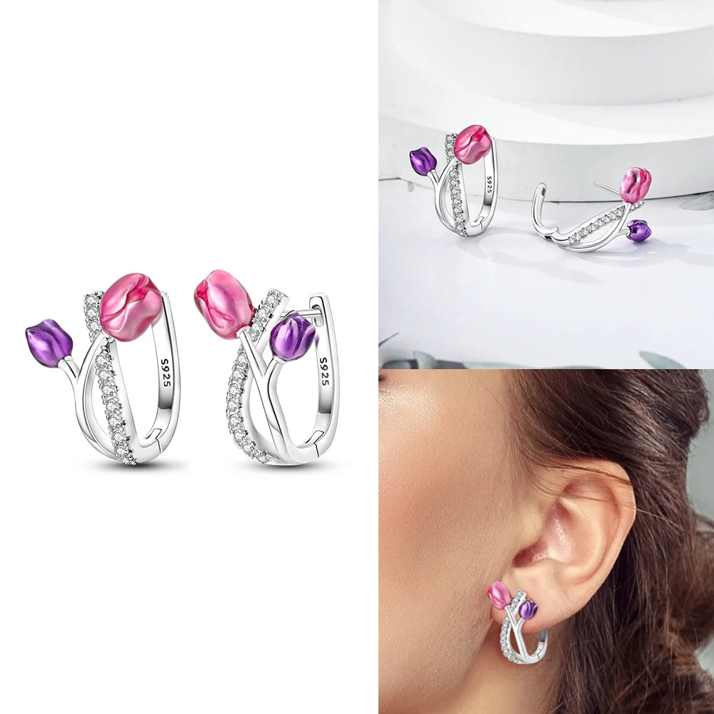 Schmetterlings-Ohrringe, Original 925er Silber, rosa Schleife, Herz, Zirkon, Stern, Blume, Ohrstecker, Damen, Schmuck, Geschenk, Liebe, Valentinstag-Set
