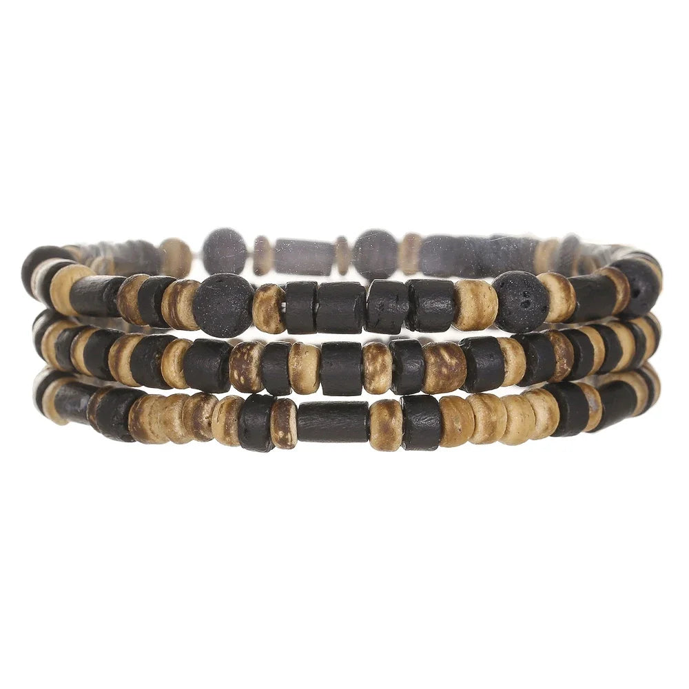 Meistverkaufte mehrschichtige Buddha-Holzperlen-Armbänder-Sets für Herren im Retro-Stil, mehrschichtiges, elastisches Faden, verstellbares Holzarmband