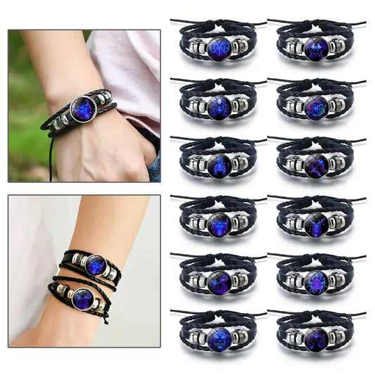 12 Sternbild Edelstein Leder Armband Männer Frauen Glas Armband Paar Leder mehr schicht ige Webart Geburtstags geschenk Armreif Edelstein