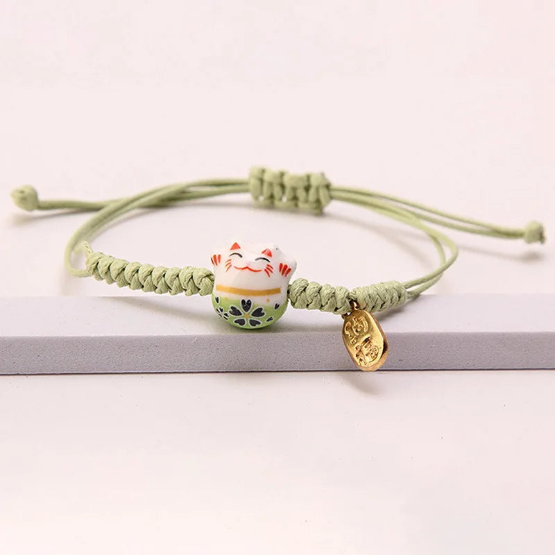Einfaches geflochtenes Keramik-Glückskatze-Armband für Damen und Herren, mehrfarbig, niedliches Tier, handgestrickt, verstellbares Armband, Harajuku-Schmuck