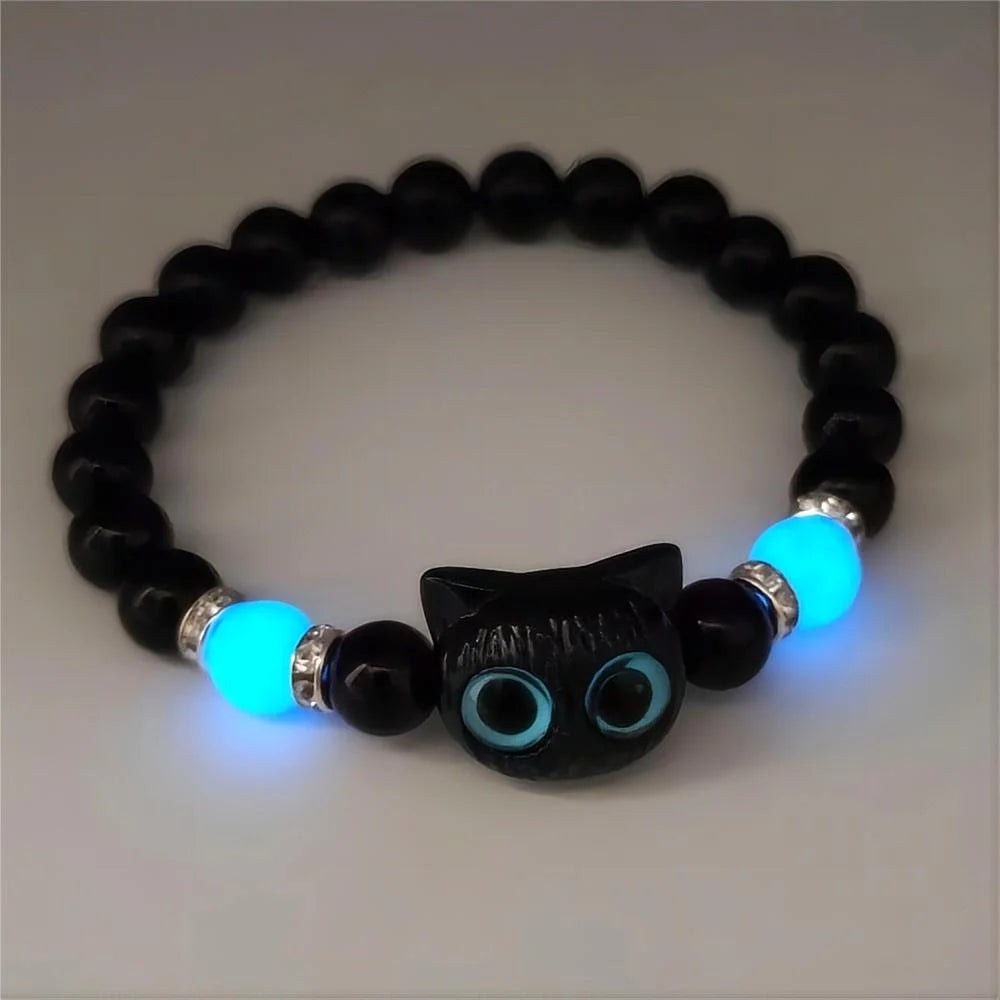 1 STÜCK Passende Armbänder Paare Frauen Männer Leuchtende süße Katze Freundschaftsarmband Schwarz Weiß Katzenkopf Perlenstrang Armband