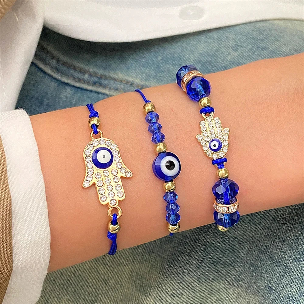 3 Stück türkische böse Blick Palm Schmetterling Armbänder für Männer Frauen Glücksaugen Perle runde gewebte Kette Armbänder Schmuck Geschenk