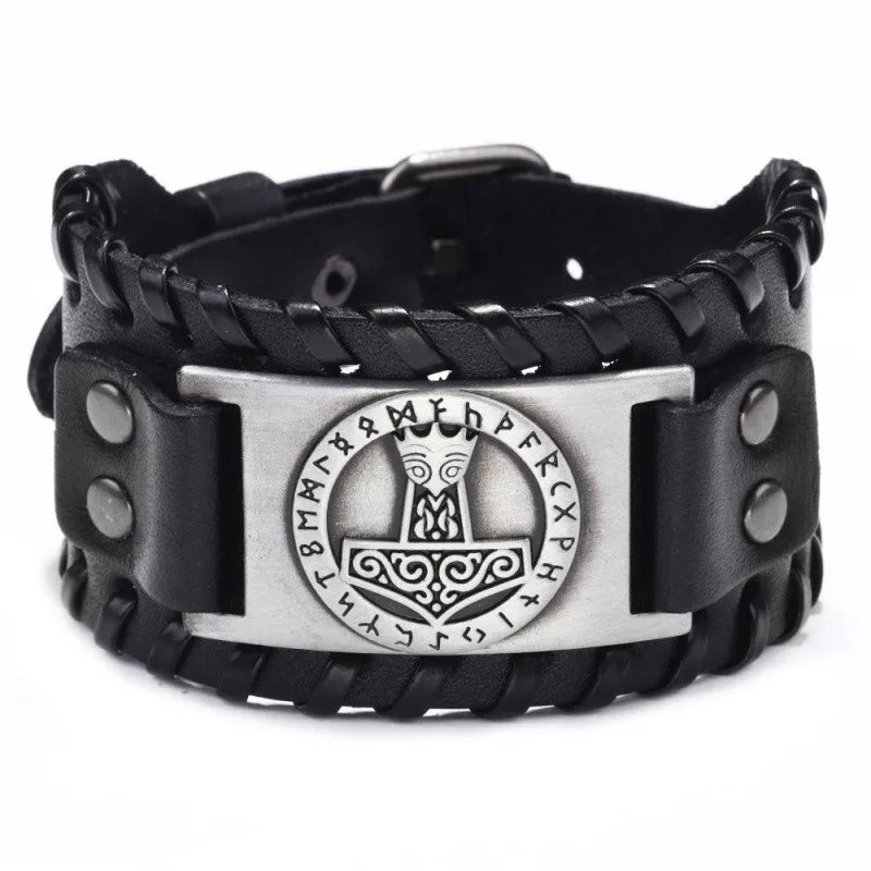 HNSP Viking Rune Schmuck Zubehör Wickelarmband aus Leder für Herren, verstellbare Größe
