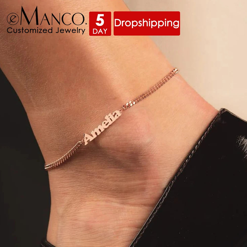 eManco Fußkettchen mit individuellem Namen, personalisierte kubanische Kette, Monogramm-Schmuck, Damen-Anhänger aus Edelstahl, Geschenk