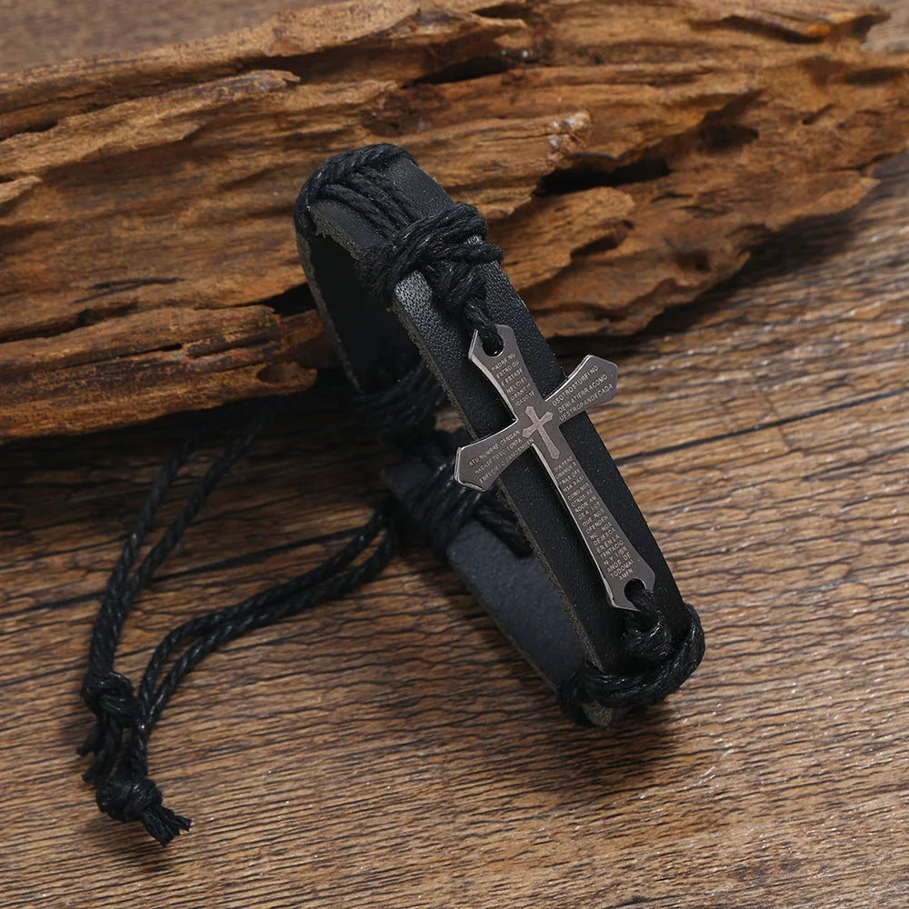 Retro Punk Metall Kreuz Bibel Armband Handgewebtes Rindsleder Verstellbares Armband Christliches Zubehör Unisex Schmuck Geschenk