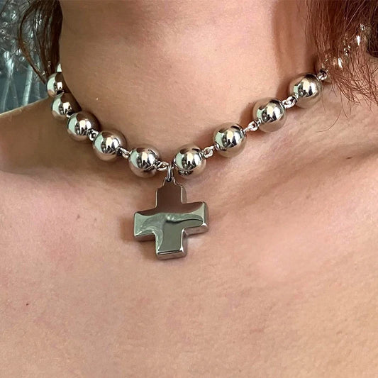 Grunge Rock Schmuck Runde Perlen Ketten Kreuz Anhänger Halskette Koreanische Punk Charms Halsketten Frauen Goth Zubehör Halsband
