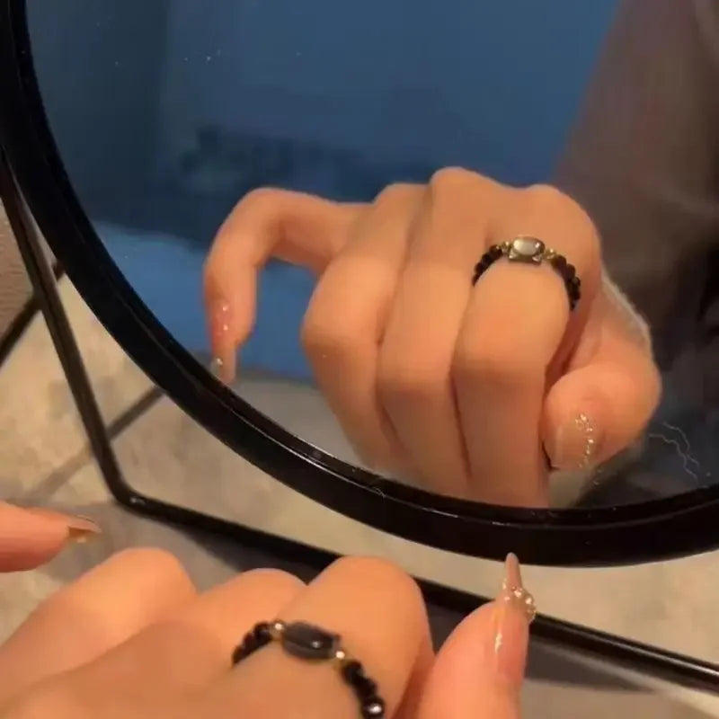 Paar Mondstein Ringe natürliche Obsidian Perlen süße schwarz weiß Mini Katze handgemachte minimalistische elastische Schnur Frauen Männer Schmuck