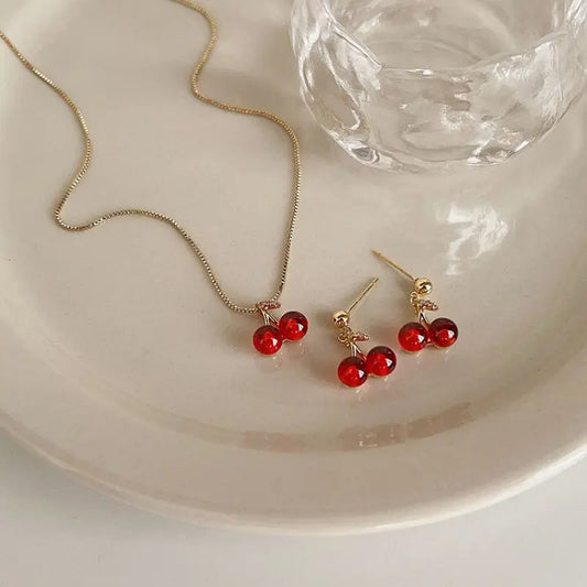 Rote Kirsche Anhänger Halskette Ohrstecker Set Damenmode Obst Halskette Ohrringe Schmuckset für Party Hochzeit Mädchen Geschenke