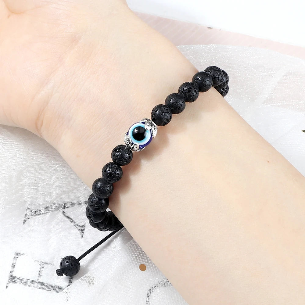 Mode Trendy Männer Türkische Bösen blick Armbänder 6mm Natürliche Tigerauge Vulkangestein Armbänder Frauen Geflochtene Amulett Schmuck Geschenke