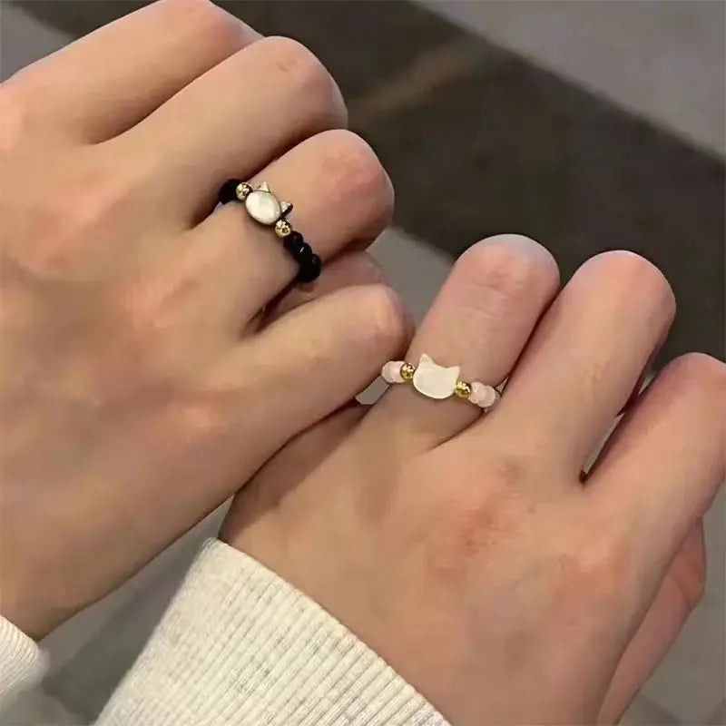 Paar Mondstein Ringe natürliche Obsidian Perlen süße schwarz weiß Mini Katze handgemachte minimalistische elastische Schnur Frauen Männer Schmuck