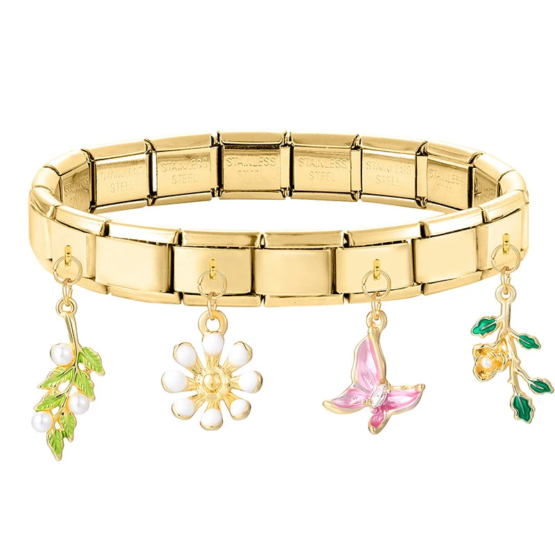 Neue Gold Farbe Blumen Blätter Vintage Anhänger Italienischen Charme Link Fit 9MM Edelstahl Armband Männer Frauen DIY Machen geschenke