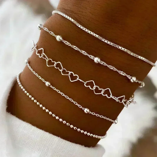 5 teile/satz Mode Silber Farbe Herz Perlen Kette Armbänder für Frauen trend ige geometrische Armbänder Set Party Schmuck Accessoires