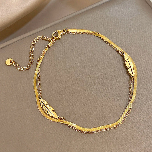 Mode Edelstahl Fußkettchen für Frauen Männer Doppelschicht Blätter Vergoldet Dicke Kette Armband Fußkettchen Wasserdicht Schmuck
