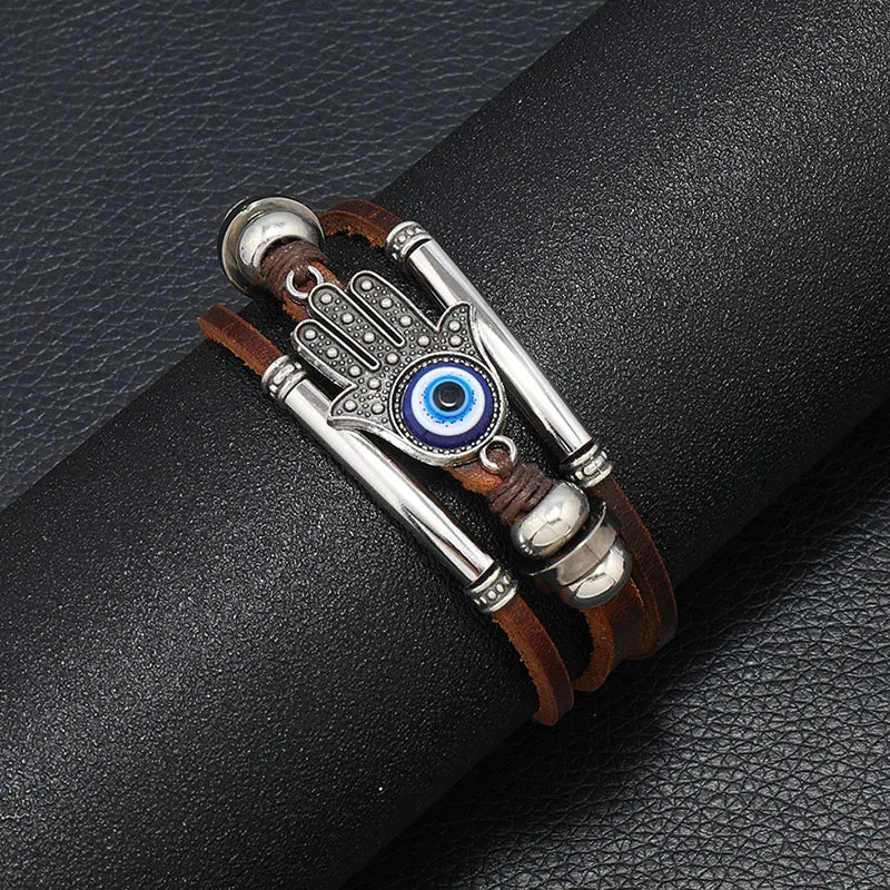 Evil Eye Fatima Hand Charm Armbänder für Frauen Männer Echtes Leder Armband Türkische Blue Eye Armband Glück Hand Schmuck Geschenke