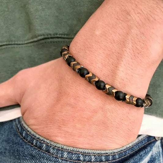 Schwarzes Onyx-Yoga-Armband mit runden Perlen und Pfeilsteinperlen für Herren