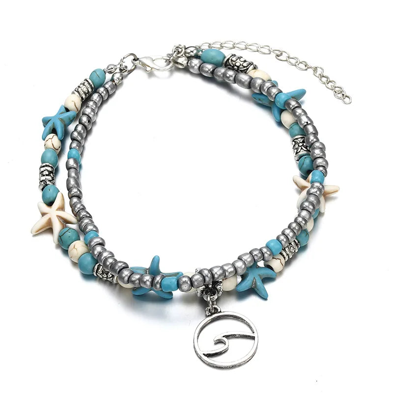 Doppel Fußkettchen Conch Starfish Sand Schildkröte Anhänger Fuß Ketten Türkis Stein Perlen Charme Strand Sommer Armband Knöchel Schmuck