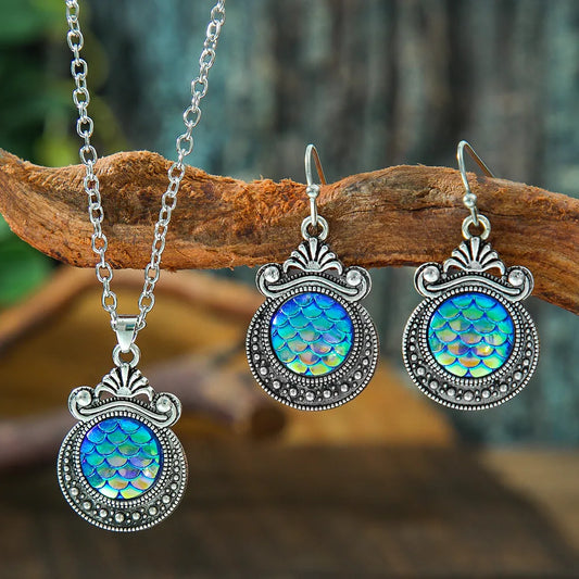 Kreative bunte Fischschuppenmuster Tropfen Halskette Ohrringe Set für Frauen Vintage ethnische geschnitzte einzigartige weibliche Schmuck Geschenk