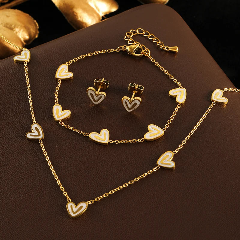 GANEMLY 316L Edelstahl Glänzende Herz Zirkon Halskette Armband Ohrringe Set Für Frauen Mode Luxus Wasserdicht Schmuck Set