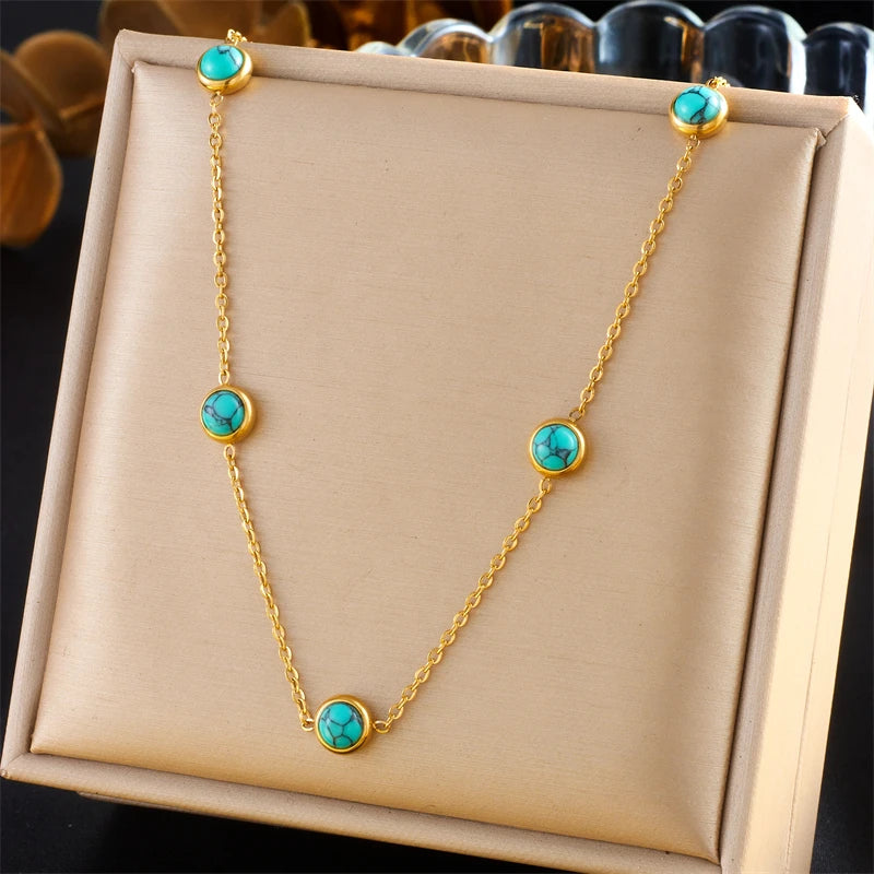 DIEYURO 316L Edelstahl Türkis Einfachheit Goldene Halskette Ohrringe Für Frauen 2024 Neue Mode Schmuck Set Party Geschenke