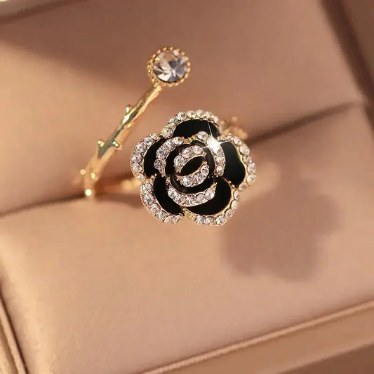 Mode Schwarz Rose Geformt Metall Verstellbare Öffnung Ringe für Frau Mädchen Luxus Zirkon Zeigefinger Ringe Schmuck Party