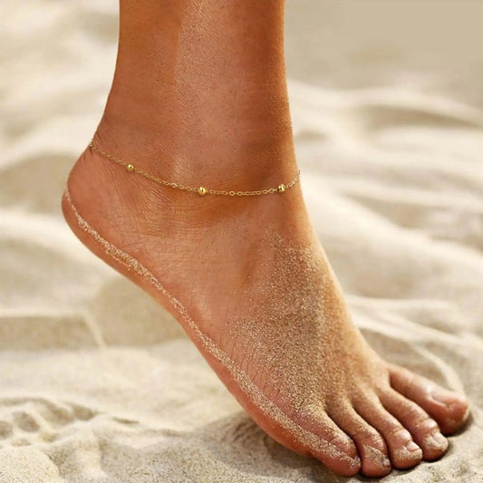 Boho Perlen Kugel Knöchelkette Armbänder für Frauen, vergoldetes Edelstahl Fußkettchen, Sommer Strand wasserdichter Fußschmuck Geschenk