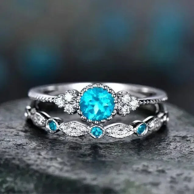 2 Teile/satz Luxus Grün Blau Stein Kristall Ringe Für Frauen Silber Farbe Hochzeit Verlobung Ringe Schmuck