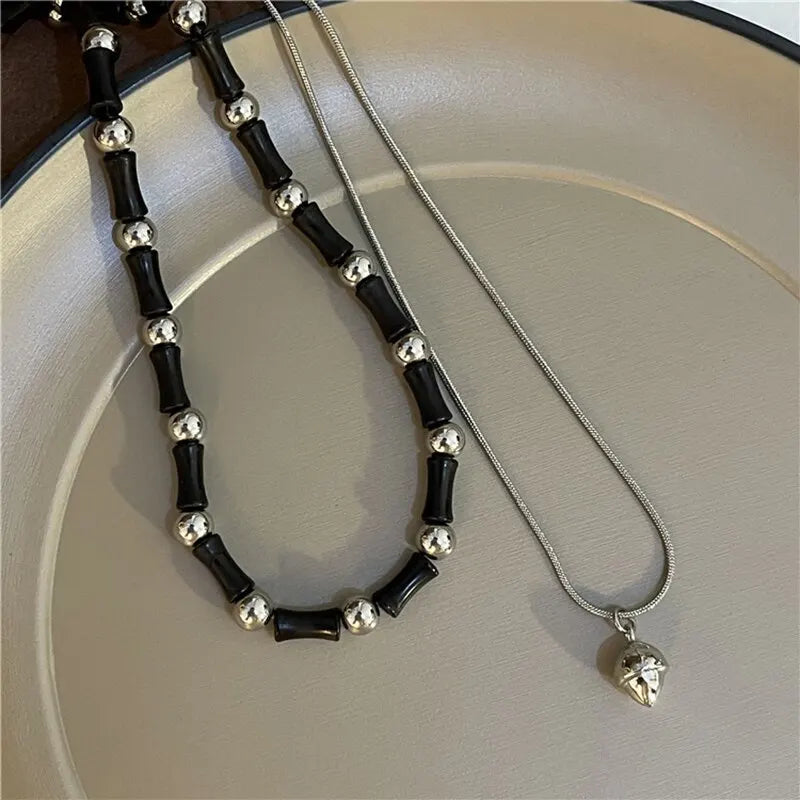 2-teiliges Halsketten-Set mit Vintage-Friedenschnalle-Anhänger, Naturstein-Perlen, Ketten, Halsband-Halsketten-Set für Damen und Herren, chinesischer Stil, Schmuck