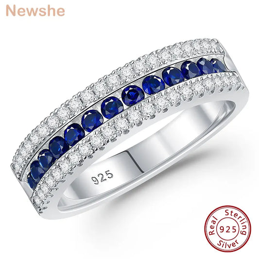 Newshe Saphirringe aus 925er-Sterlingsilber, weiß und blau, für Damen, halbe Ewigkeit, Ehering, kubischer Zirkon, Partyring