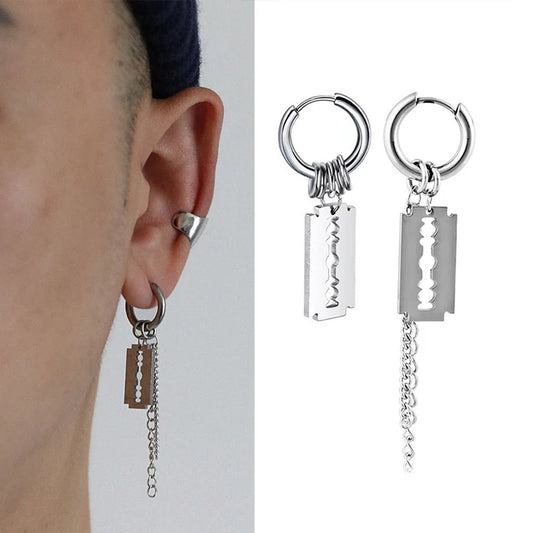 1 paar/2Pcs Klinge Kette Quaste Anhänger Ohr Clip/Schnalle Ohrringe Für Frauen Männer Edelstahl Schmerzlos hip Hop Gothic Pop Schmuck