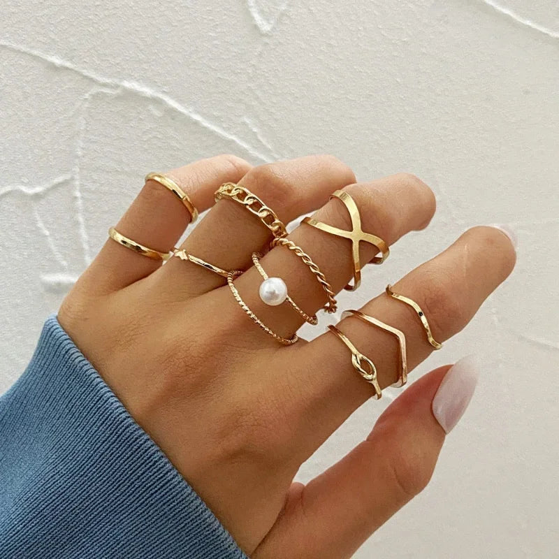 Boho Gold Farbe Herz Ringe Set Für Frauen Vintage Geometrische Kreuz Perle Schmetterling Finger Ringe Weibliche Trendy Schmuck Geschenk
