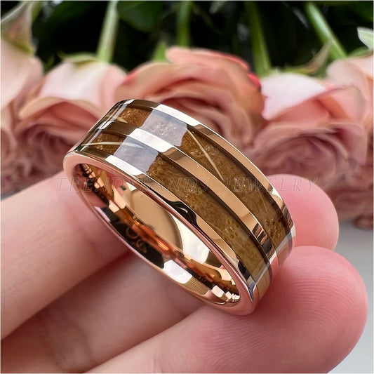 8 mm Herren- und Damenring, Wolfram-Ehering, Paar-Modeschmuck, Whiskyfass, Holzeinlage, poliert, glänzend, bequeme Passform