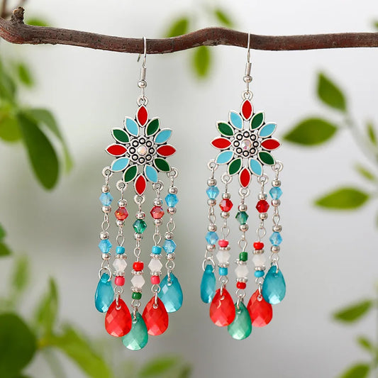 Neue Mode Böhmischen Vintage Blume Tropfen Baumeln Ohrringe Für Frauen Emaille Kristall Geometrische Schmuck Perlen Handgemachte Quaste Ohrringe