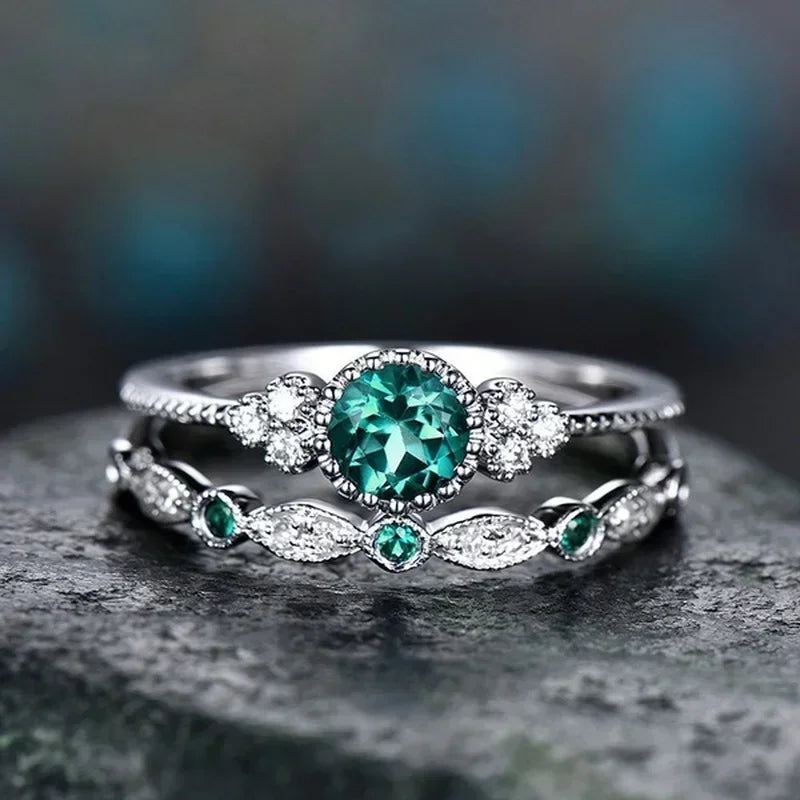 2 Teile/satz Luxus Grün Blau Stein Kristall Ringe Für Frauen Silber Farbe Hochzeit Verlobung Ringe Schmuck