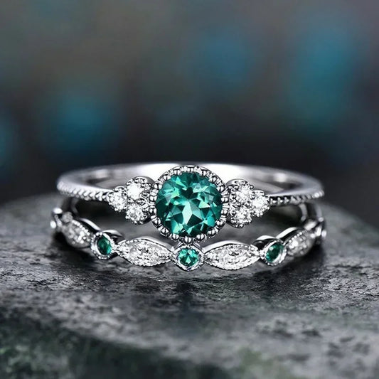 2 Teile/satz Luxus Grün Blau Stein Kristall Ringe Für Frauen Silber Farbe Hochzeit Verlobung Ringe Schmuck
